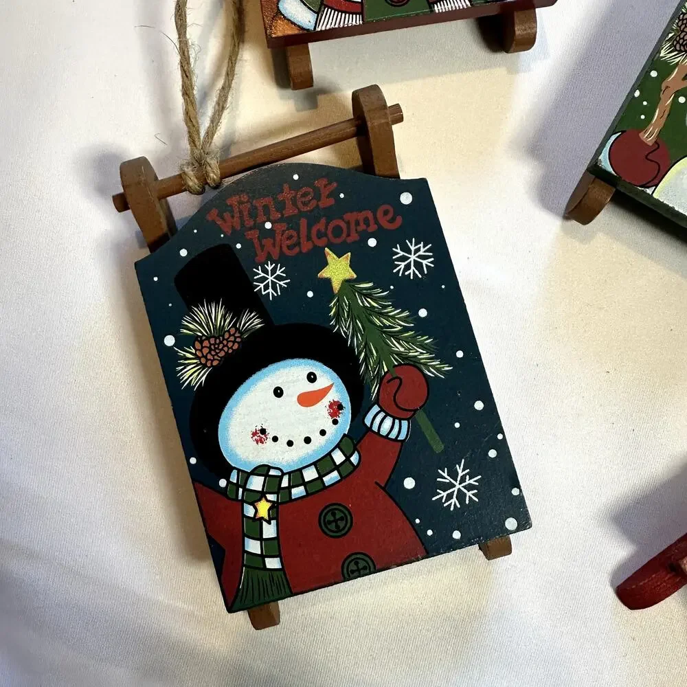 Primitive Farmhouse Christmas Bundle Of 4 Wooden Sled Tree Ornaments